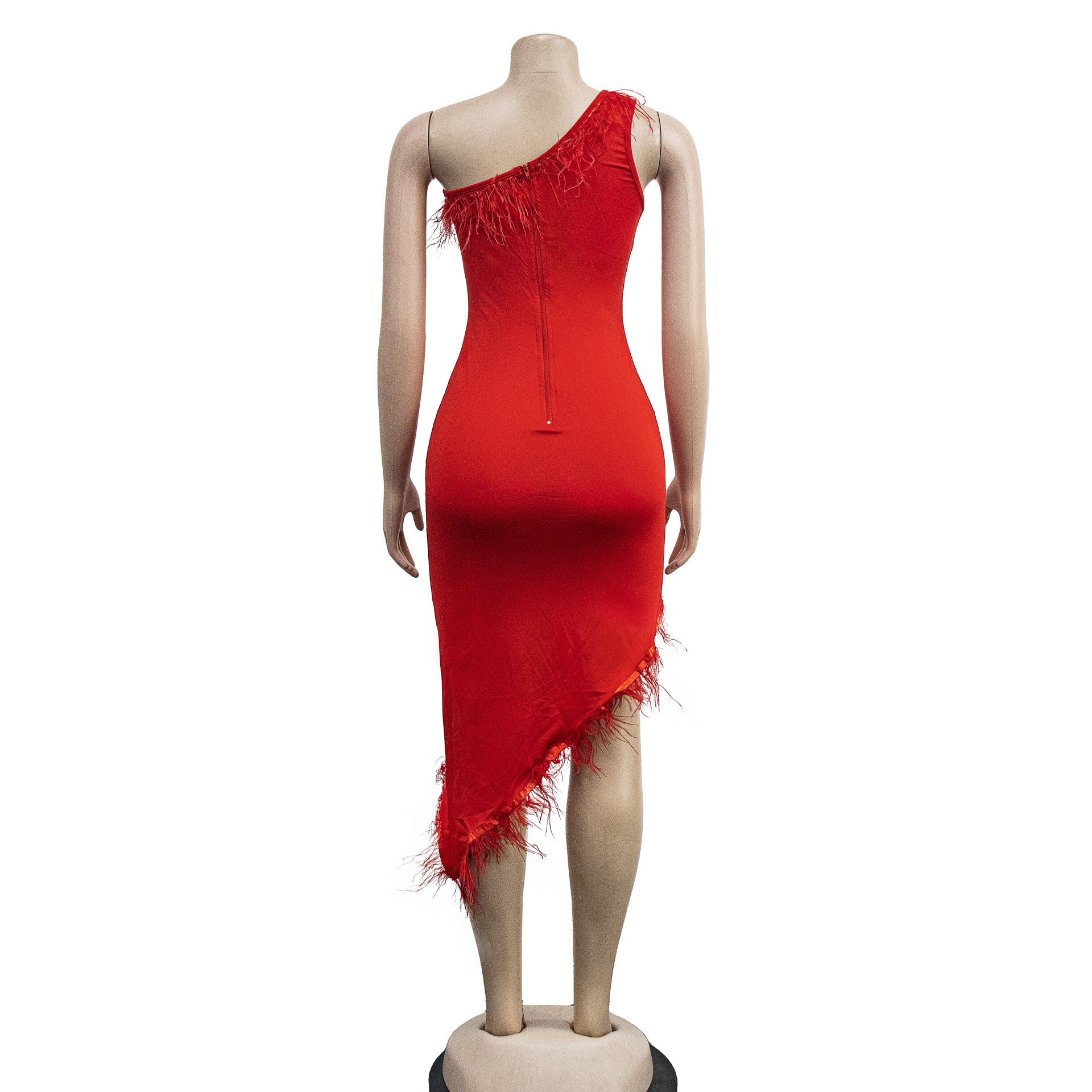 Solid color V-neck sleeveless feather irregular skirt dress 38