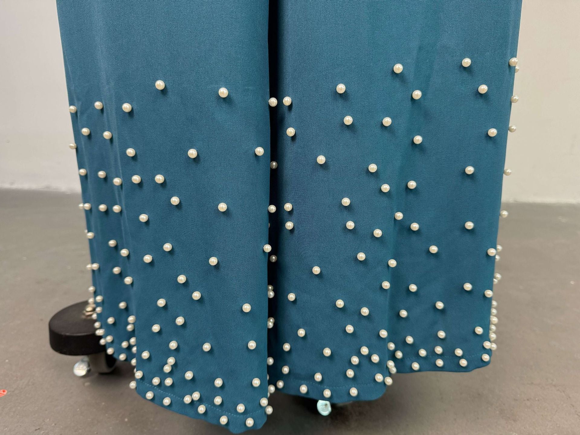 Women Spring Summer Round Neck Irregular Lantern Sleeve Top Beaded Wide Leg Pants Two-Piece Set 7