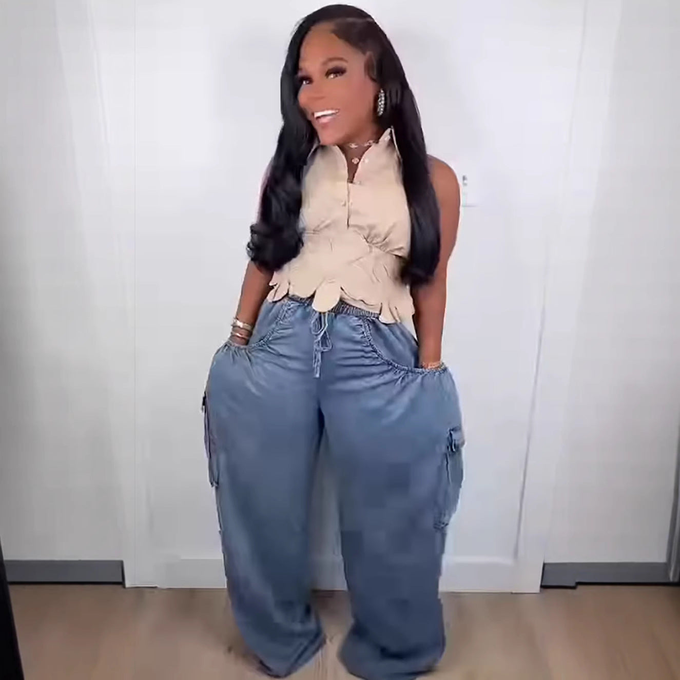 Women's Casual Denim Pants Elastic Waist Drawstring Multi-Pocket Straight Jeans 3