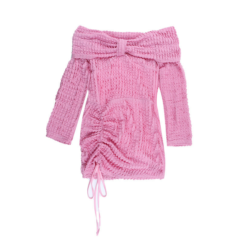 Women Elegant Jacquard Off-Shoulder Wave Pattern Long-Sleeved Dress 9