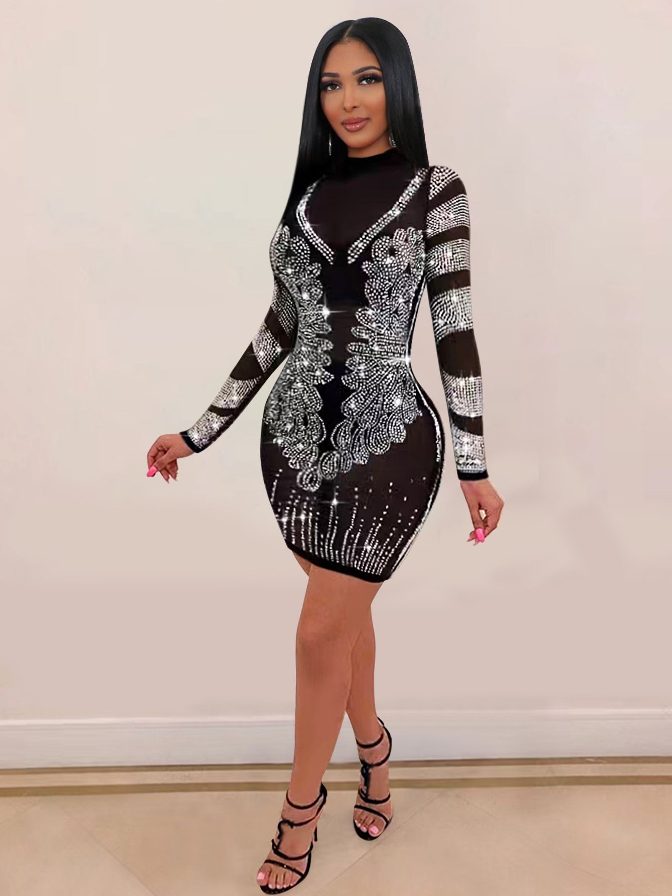 Sexy And Trendy Beaded Long-Sleeved See-Through Slim-Fitting Nightclub Dress