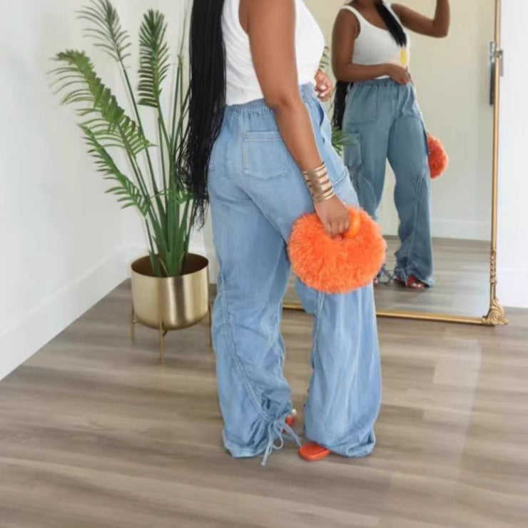 High Street Trendy Drawstring Pleated Loose Denim Pants 5