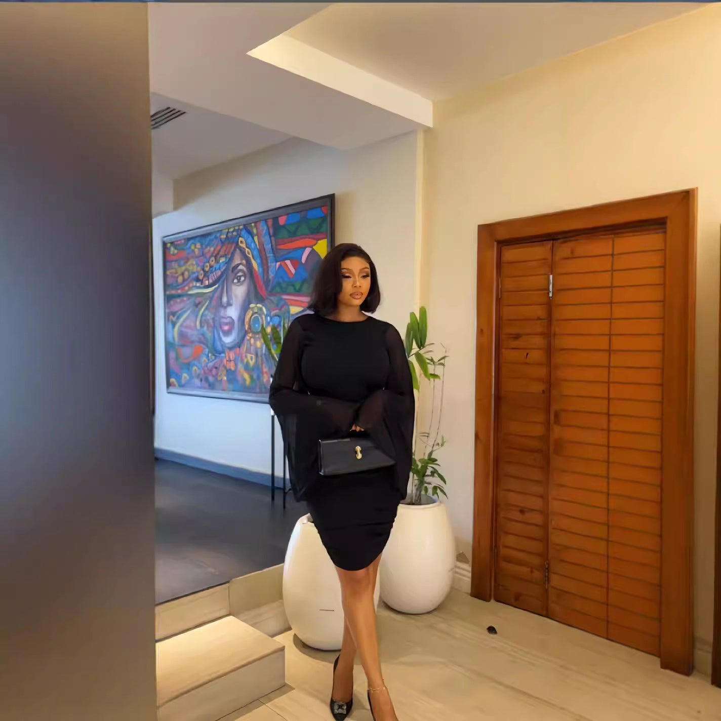 Women Fall Solid Round Neck Bell Bottom Sleeve Sexy Backless Bodycon Dress 5