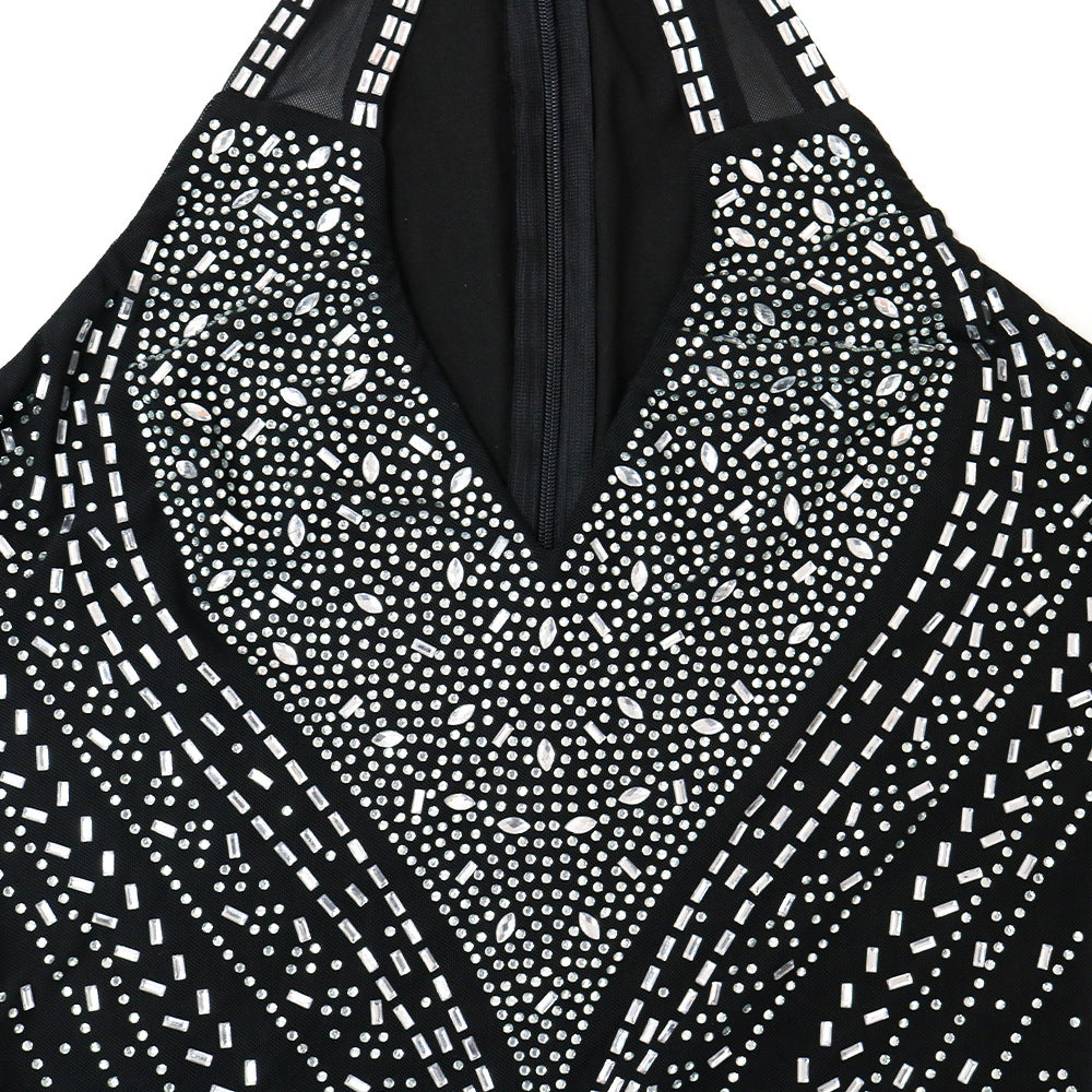 Sexy Cutout Beaded Sexy See-Through Zippered Jumpsuit Slim Fit Sleeveless Trousers 17