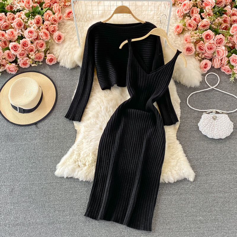 Women retro chic knittingv collar Top and Bodycon Dress two-piece set 12
