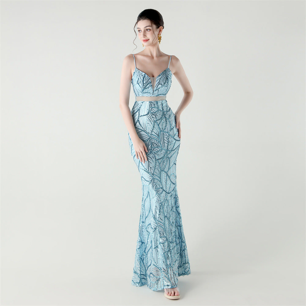 Women tulle Patchwork cross Lace-Up sequined Formal Party evening dress 12