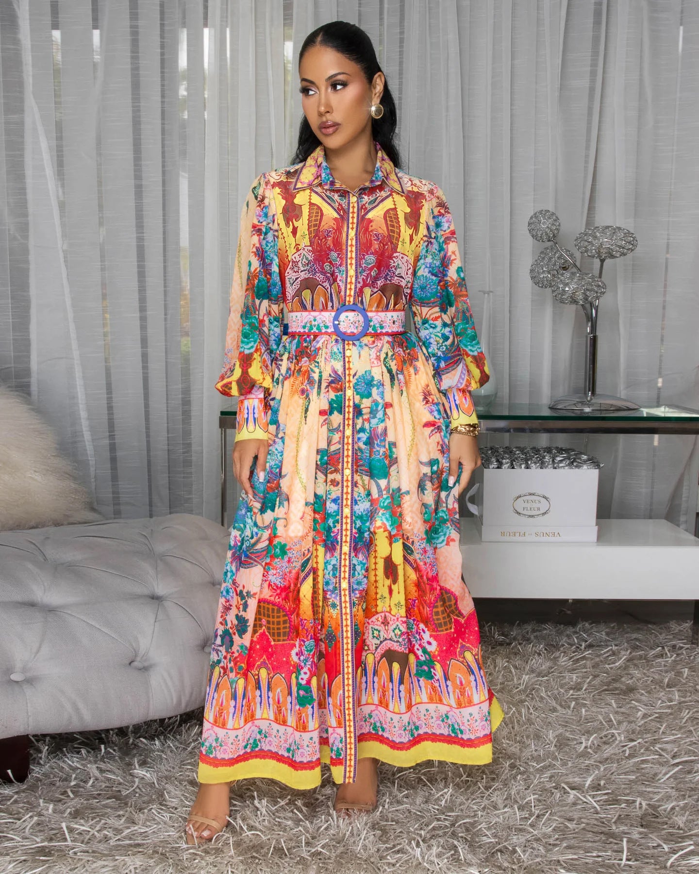 Women's Autumn Turn-Down Collar Lantern Sleeve Slim Waist Painting Print Casual Dress 6