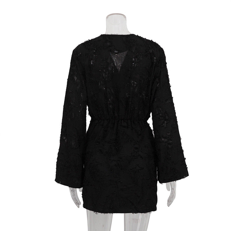 Spring And Autumn Solid Color Jacquard Long Sleeve V-Neck Loose Dress Women's Clothing 11