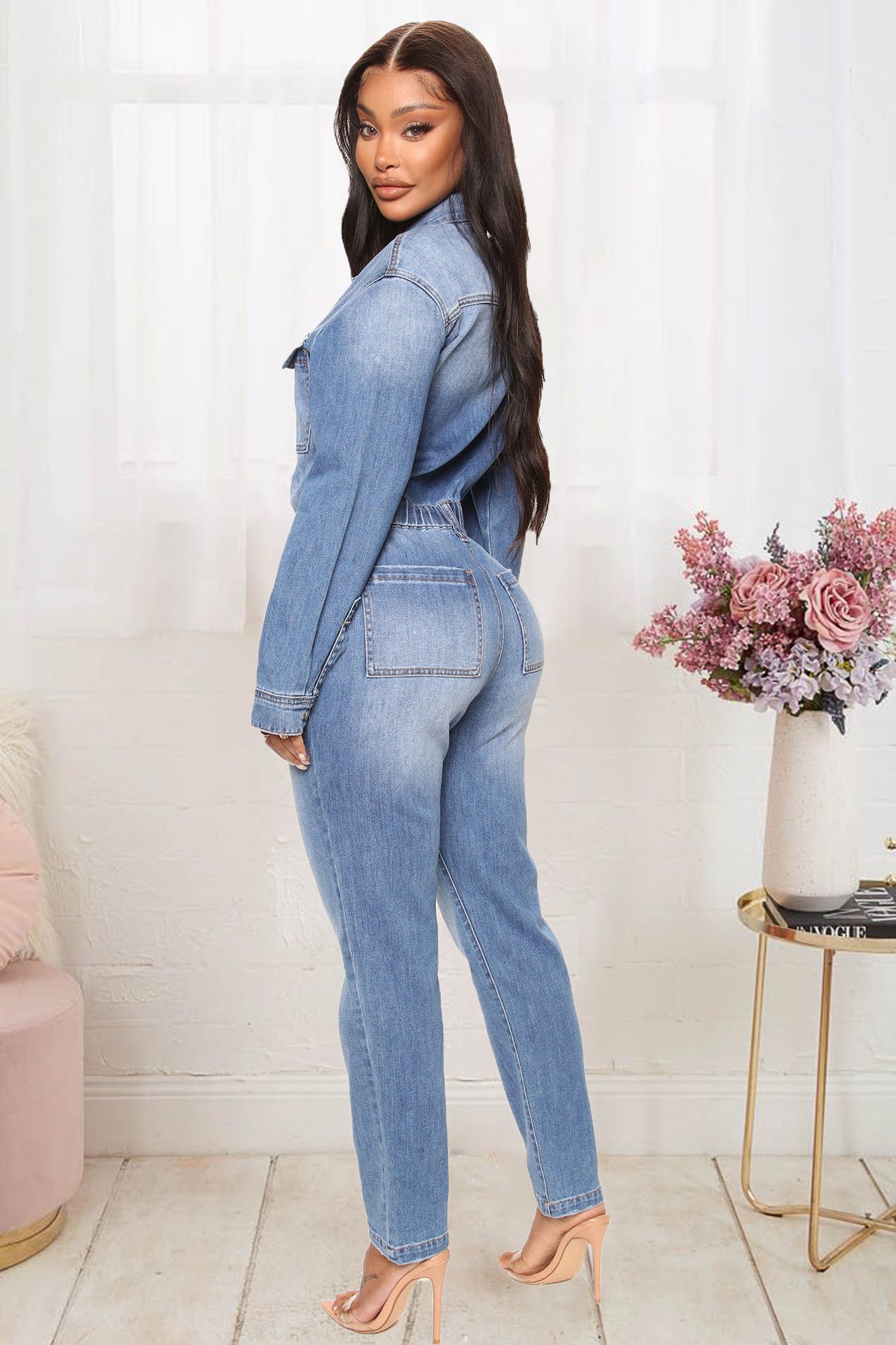 Women Long Sleeve Denim Jumpsuit 3