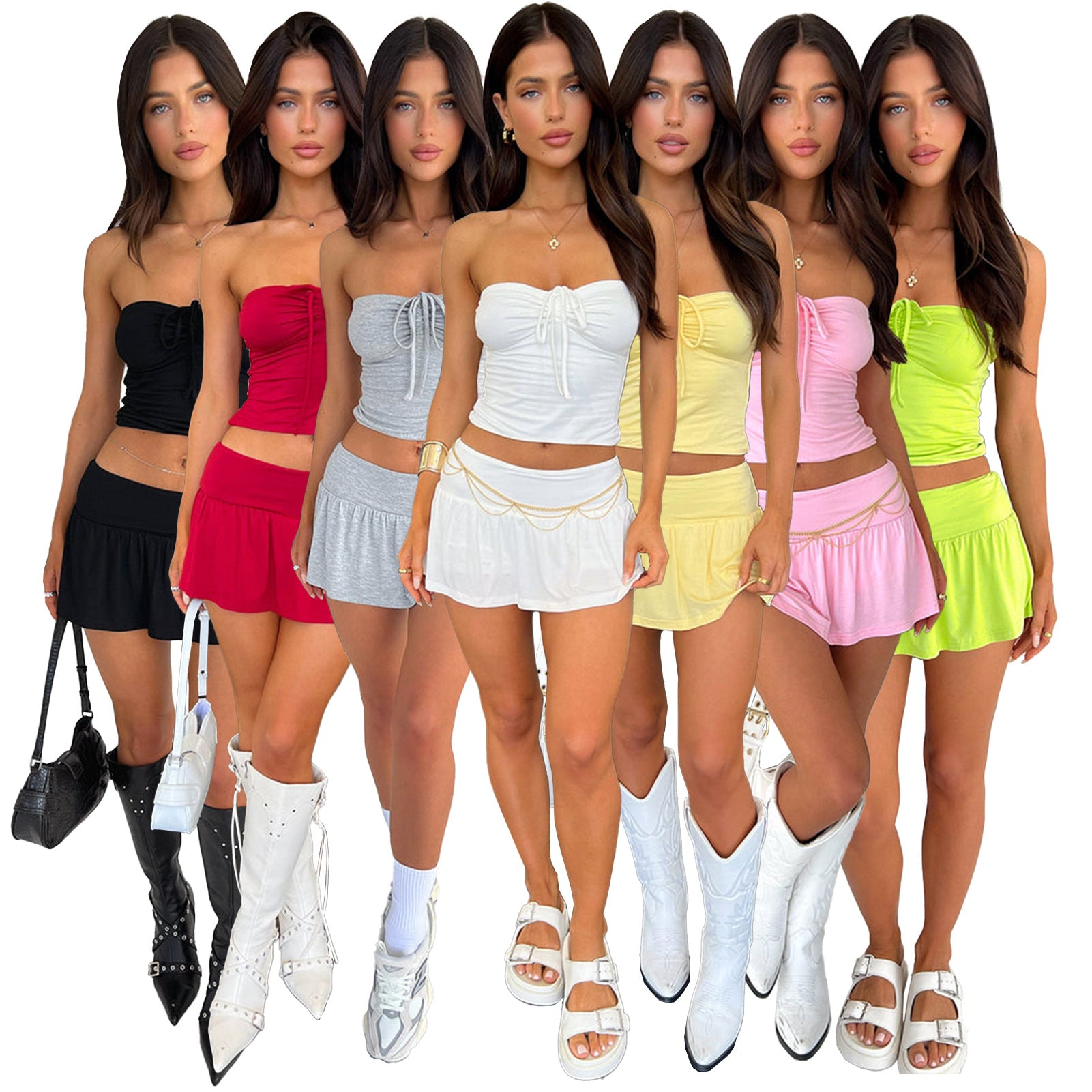 Women Sexy Strapless Pleated Top and Pants and Skirt Two-piece Set 10