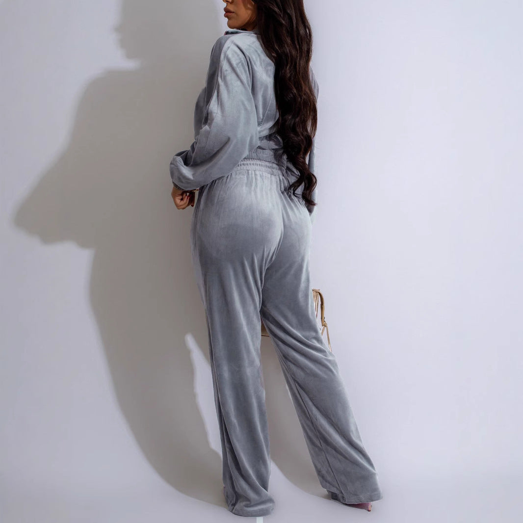 Women Long Sleeve Turndown Collar Zipper Top and Pants Two Piece Set 3