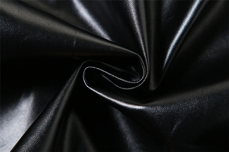 Women Summer Black Pu-Leather Stand Collar Sleeveless Pleated Irregular Top and Bodycon Skirt Two-Piece Set 15