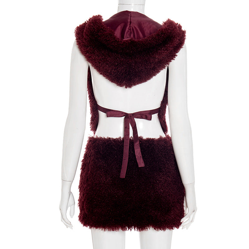 Women's Faux Fur U-Neck Hooded Low Back Top & Skirt Two-Piece Set 6