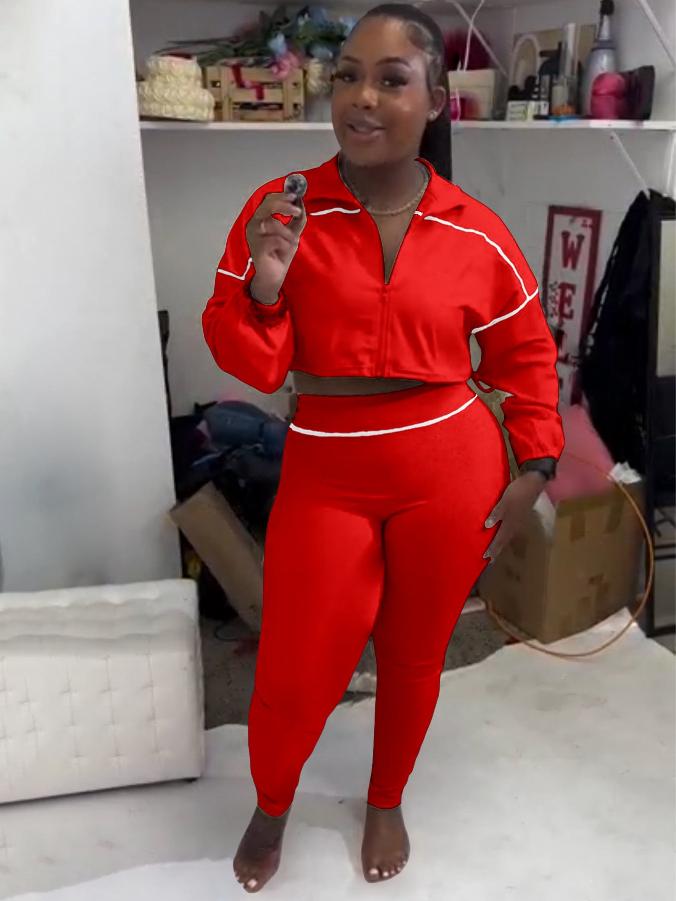 Women's Sexy Elastic Waist Long Sleeve Crop Top Slim Tight Pants Two-Piece Set 4