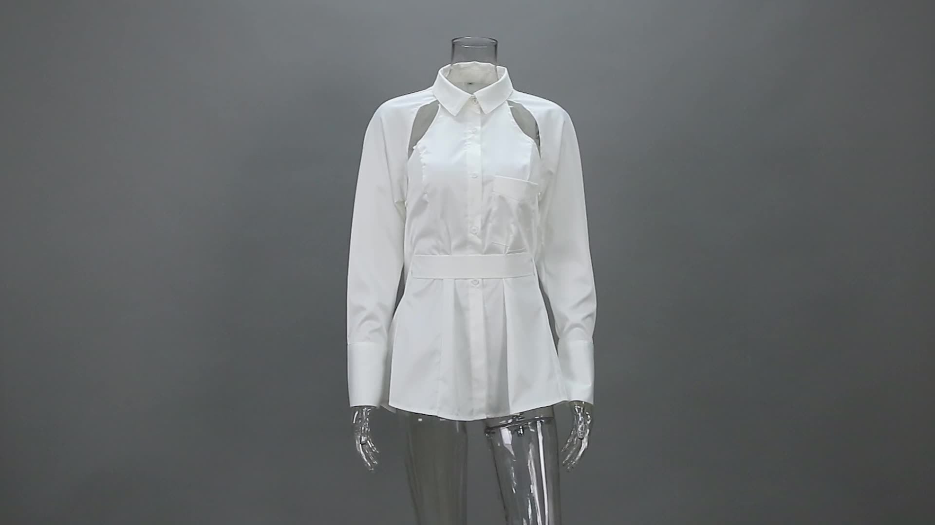 Autumn Winter Slim Waist Low Back Hollow Lace-Up Long-Sleeved White Shirt Top 4