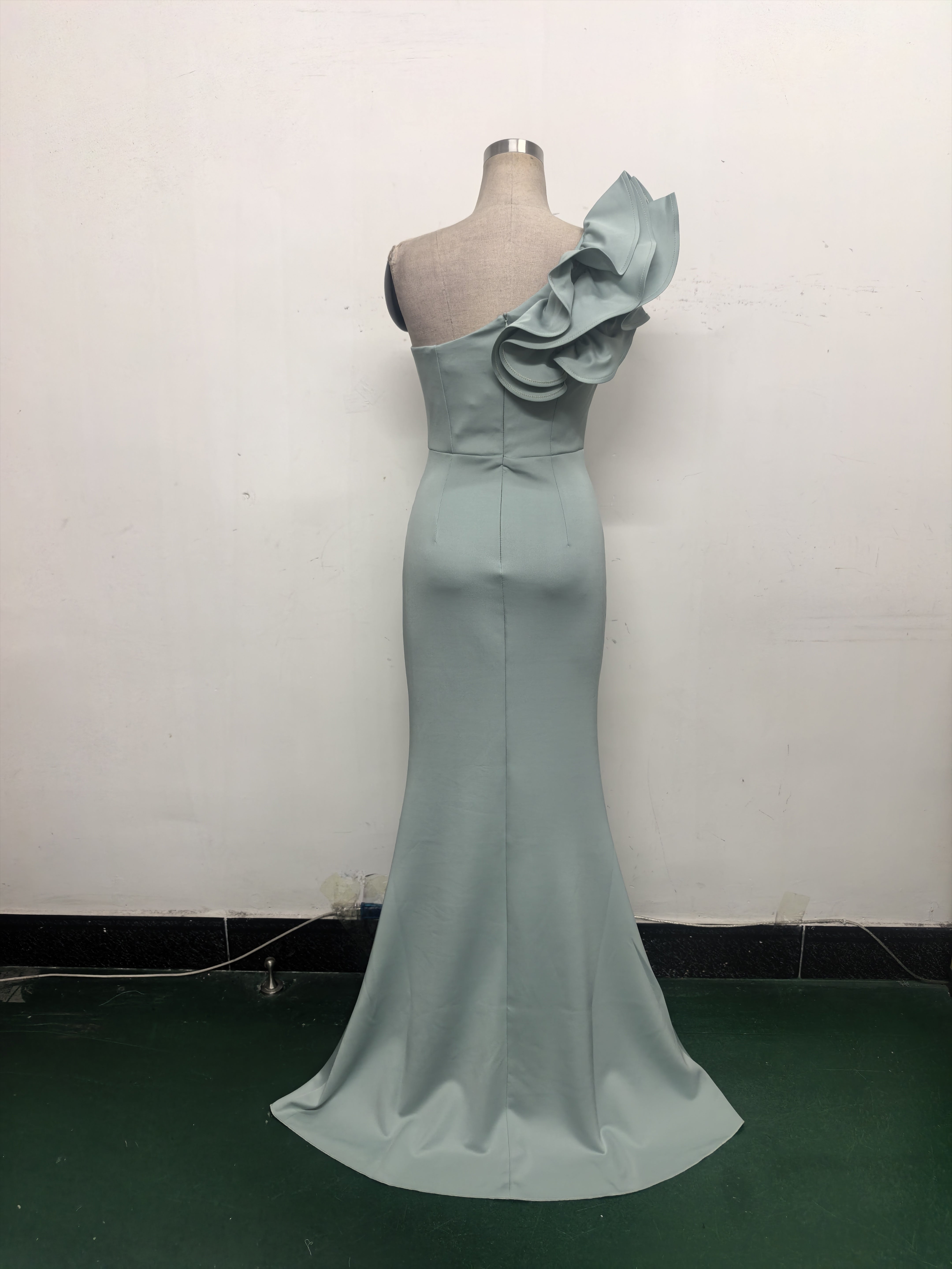 Women One-Shoulder Beaded Wool and Floral Satin Slit Sexy Evening Dress 15