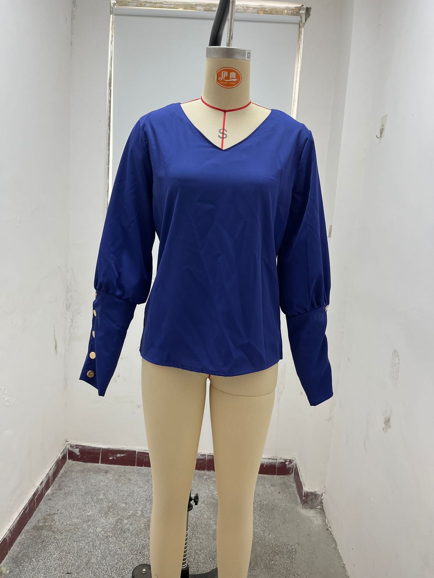 Women autumn long-sleeved button Solidv-neck shirt 9