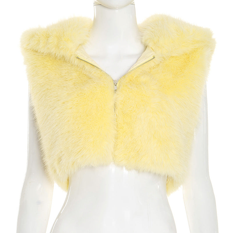 Women's Autumn Winter Solid Color Fur Zipper Hooded Sleeveless Cropped Top 7