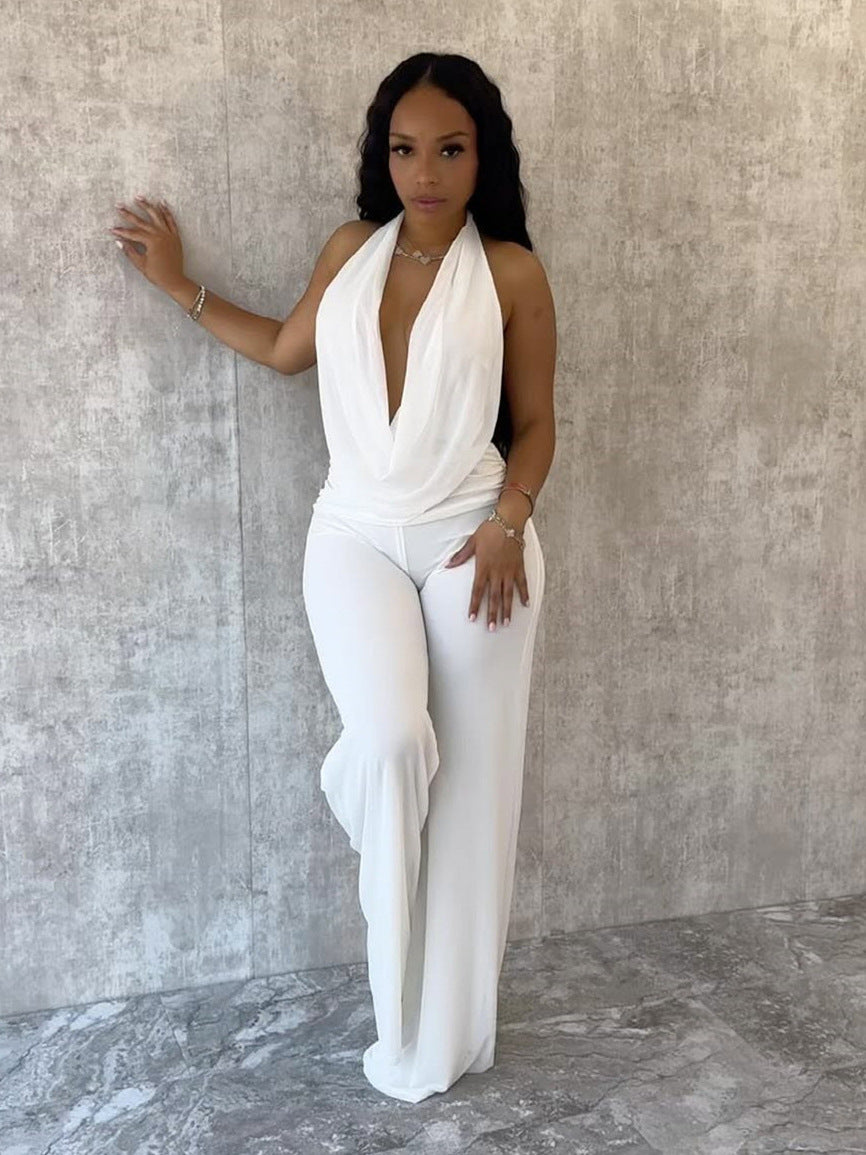 Women's Sexy Halter Neck Back Tie-Detail Sheer Mesh Two-Piece Pants Set 4