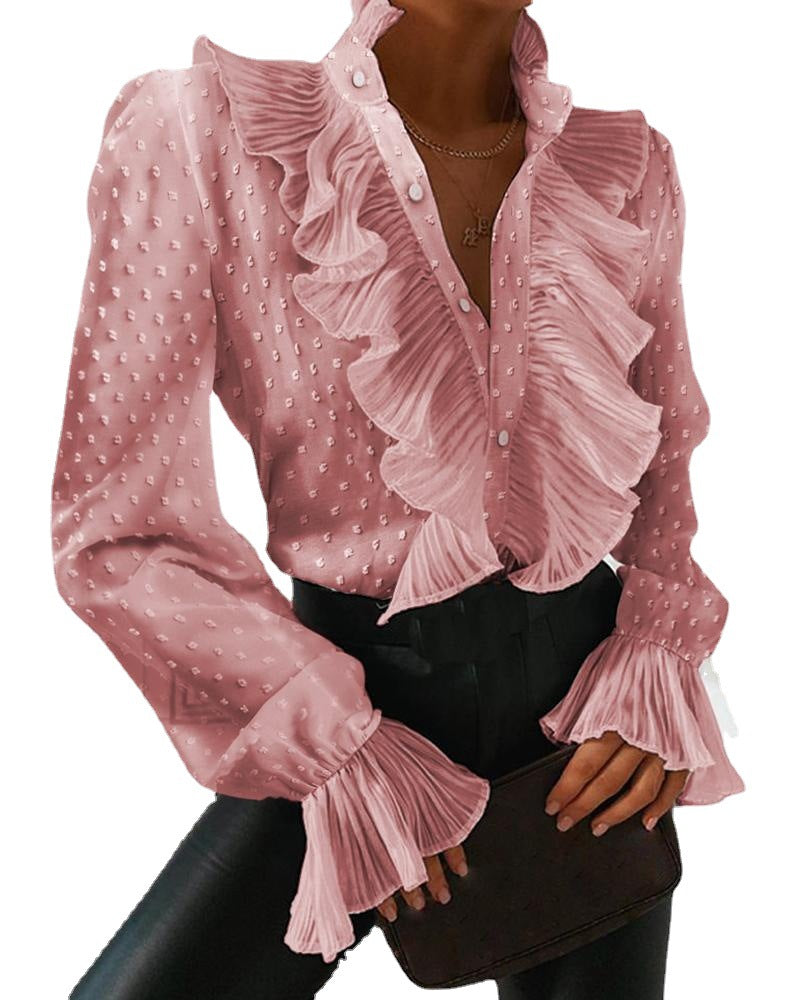 Women's Summer Ruffled Bell Bottom Pleated Sleeve Long Sleeve Shirt 9