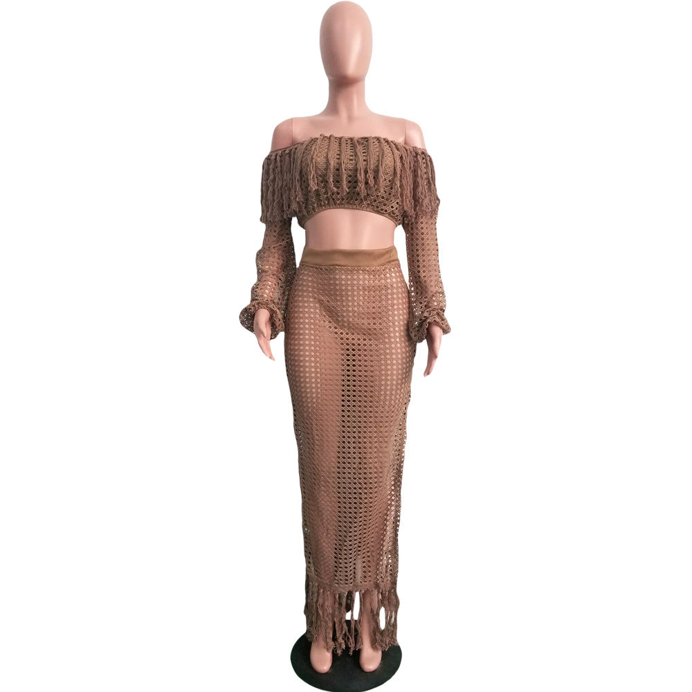 Summer Hollow Sexy Fashion Mesh Tassel See-Through Two-Piece Skirt Set 33