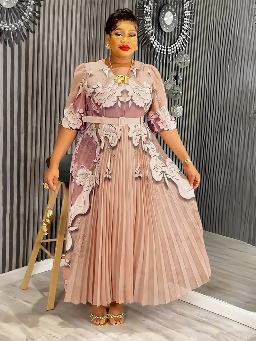 Elegant Long Dress Africa Women's Plus Size Print Pleated Chiffon Dress 7