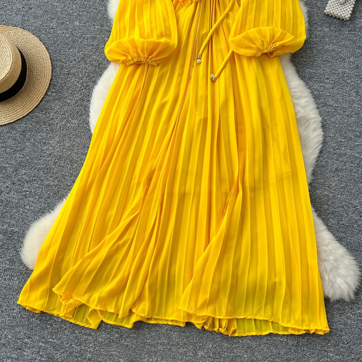 Elegant Women's Luxury Beaded Flower Belt Slim Waist Pleated Long Dress 26