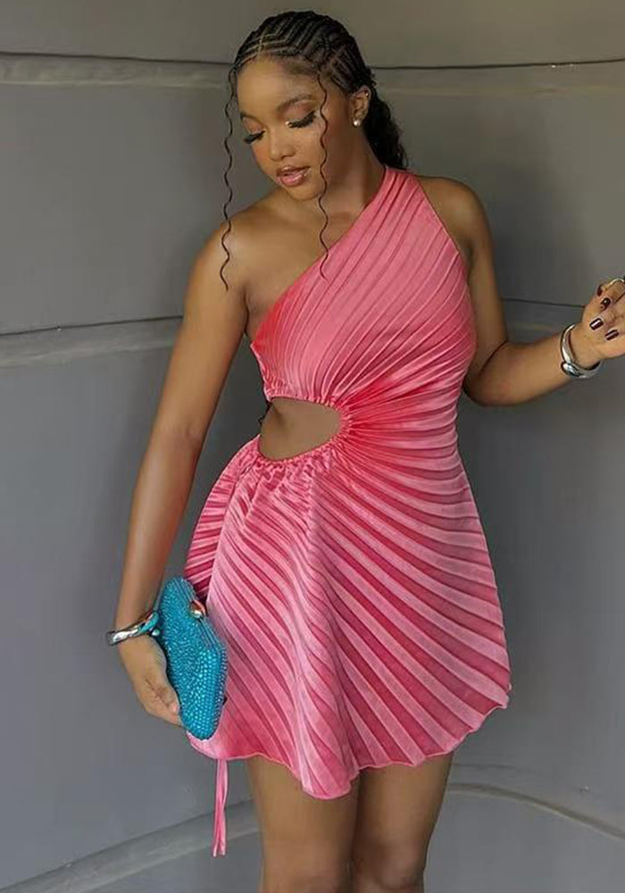 Women autumn solid sleeveless slash shoulder sexy hollow pleated dress