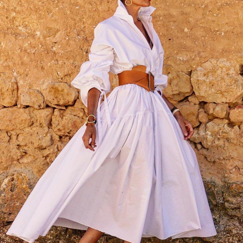 Spring Women's Fashion Chic Turndown Collar Long Sleeve Casual Midi Dress 3