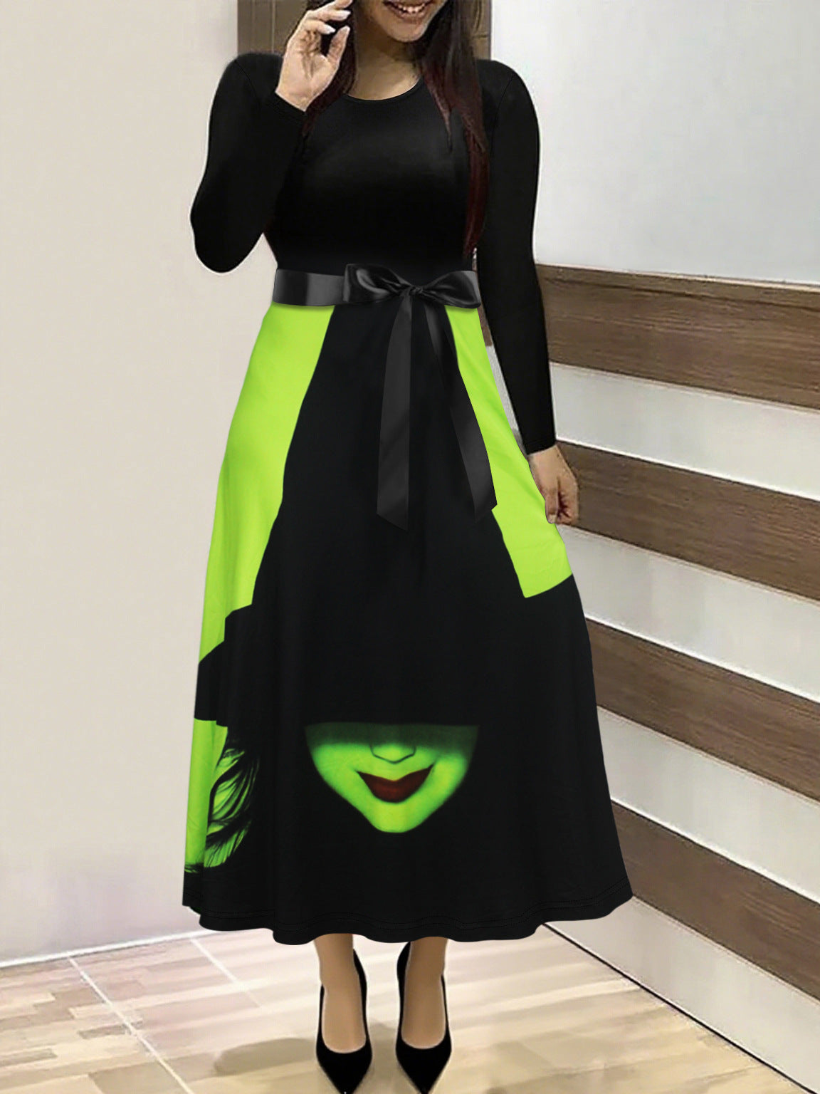 Women Halloween Witch Long-Sleeved Round Neck Dress