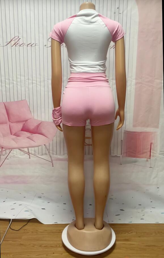 Women street raglan contrast short sleeve top and shorts Casual sports two piece set with headband 10