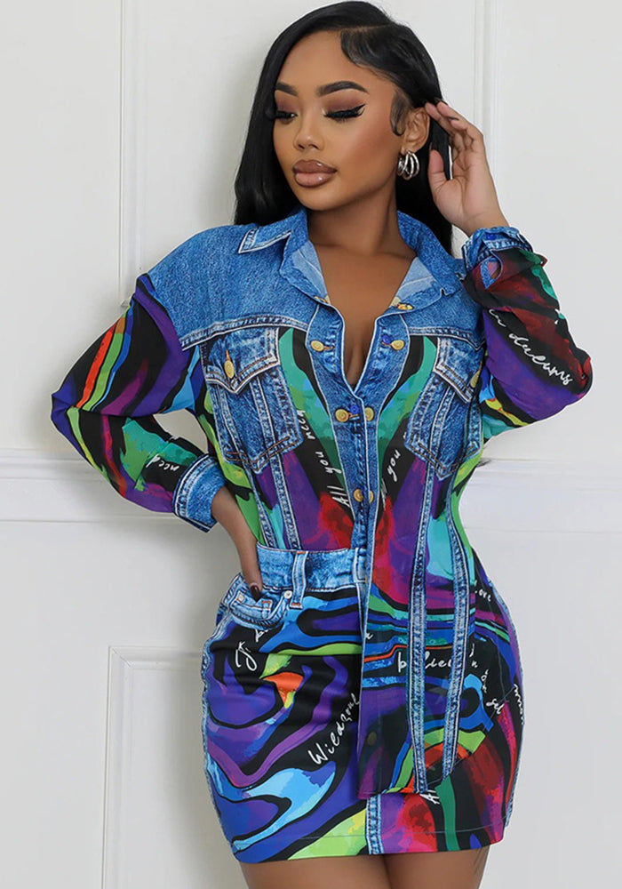 Women's Printed Turndown Collar Long Sleeve Shirt Top Sexy Slim Bodycon Short Skirt Two-Piece Set