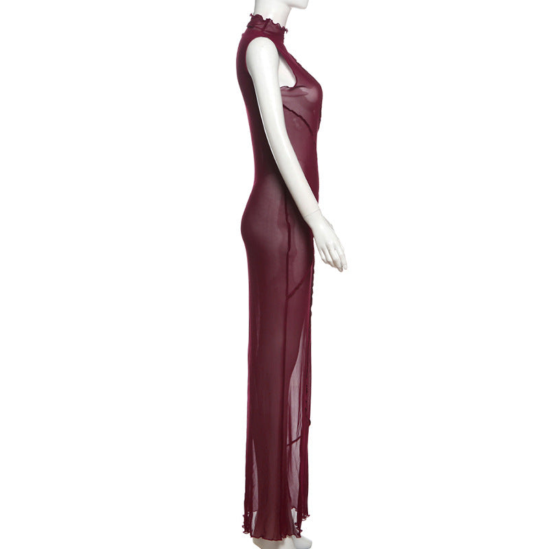 Spring Women's Solid Sexy See-Through Mesh High Waist Bodycon Long Dress 8