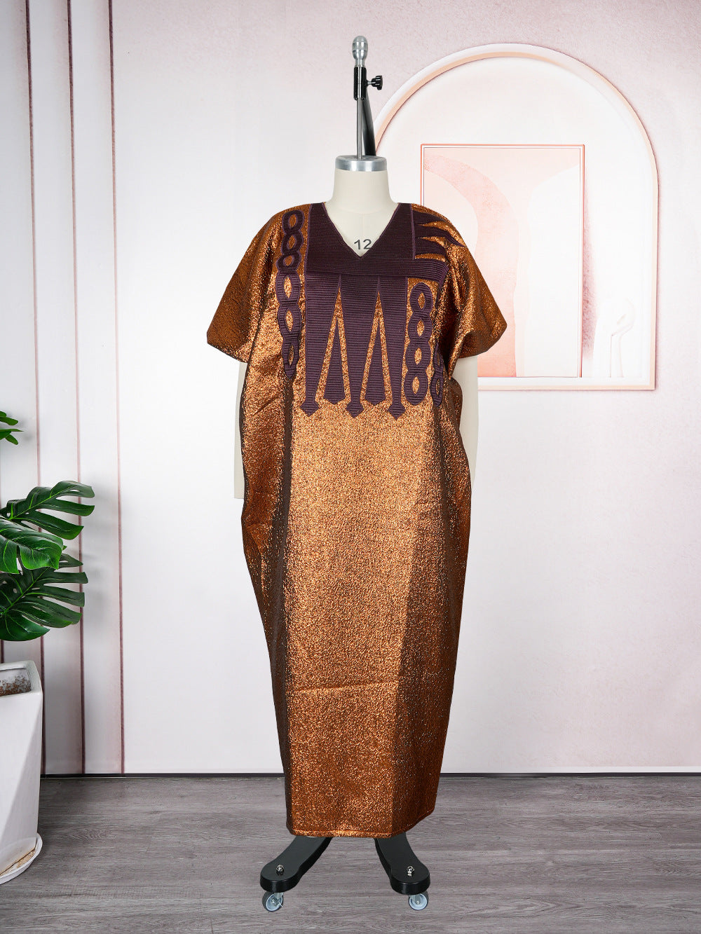 Muslim V-Neck Long Dress African Plus Size Women's Dubai Embroidered Robe Headscarf 7