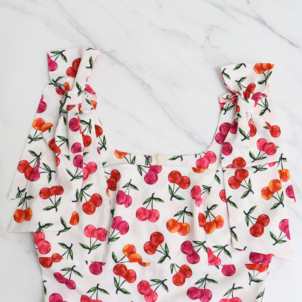 Cherry Print Strap Square Neck Casual Short Dress 7