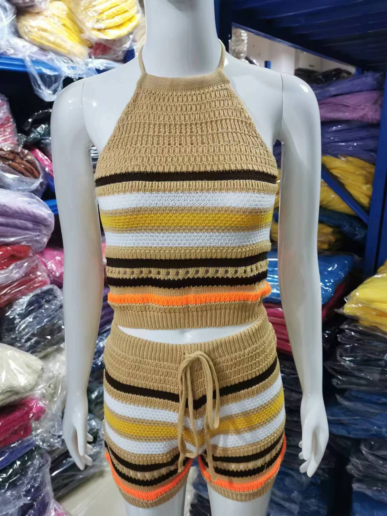 Summer Women Backless Halter Neck Top Sweater and Shorts Two-piece Set 14