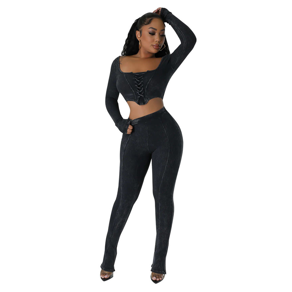 Women's Square Neck Long Sleeve Lace Up Top Sexy Tight Fitting Pencil Pants Fashion Two Piece Set 9