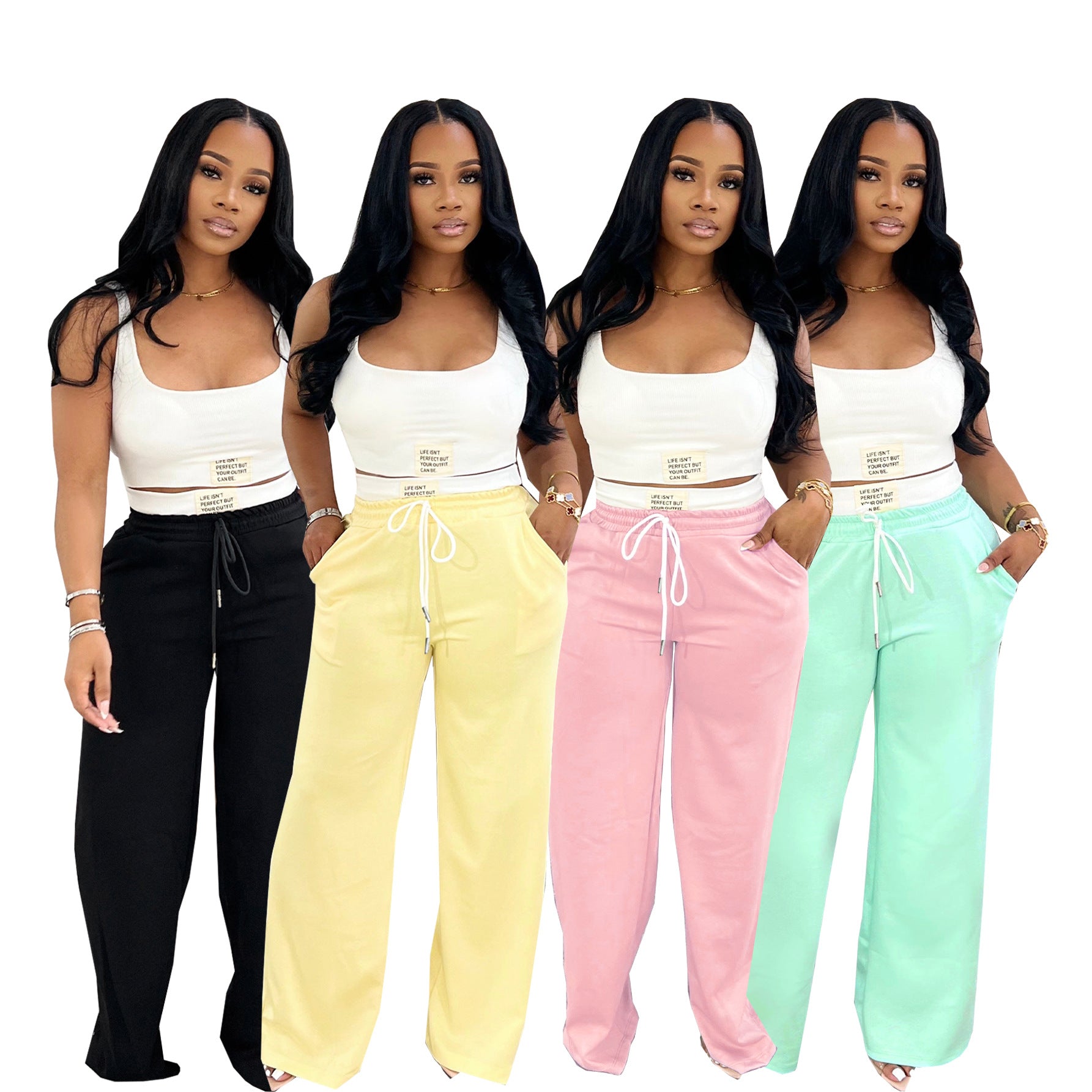 Women Sports Tank Top and Drawstring Wide-leg Pants Two-piece Set 10