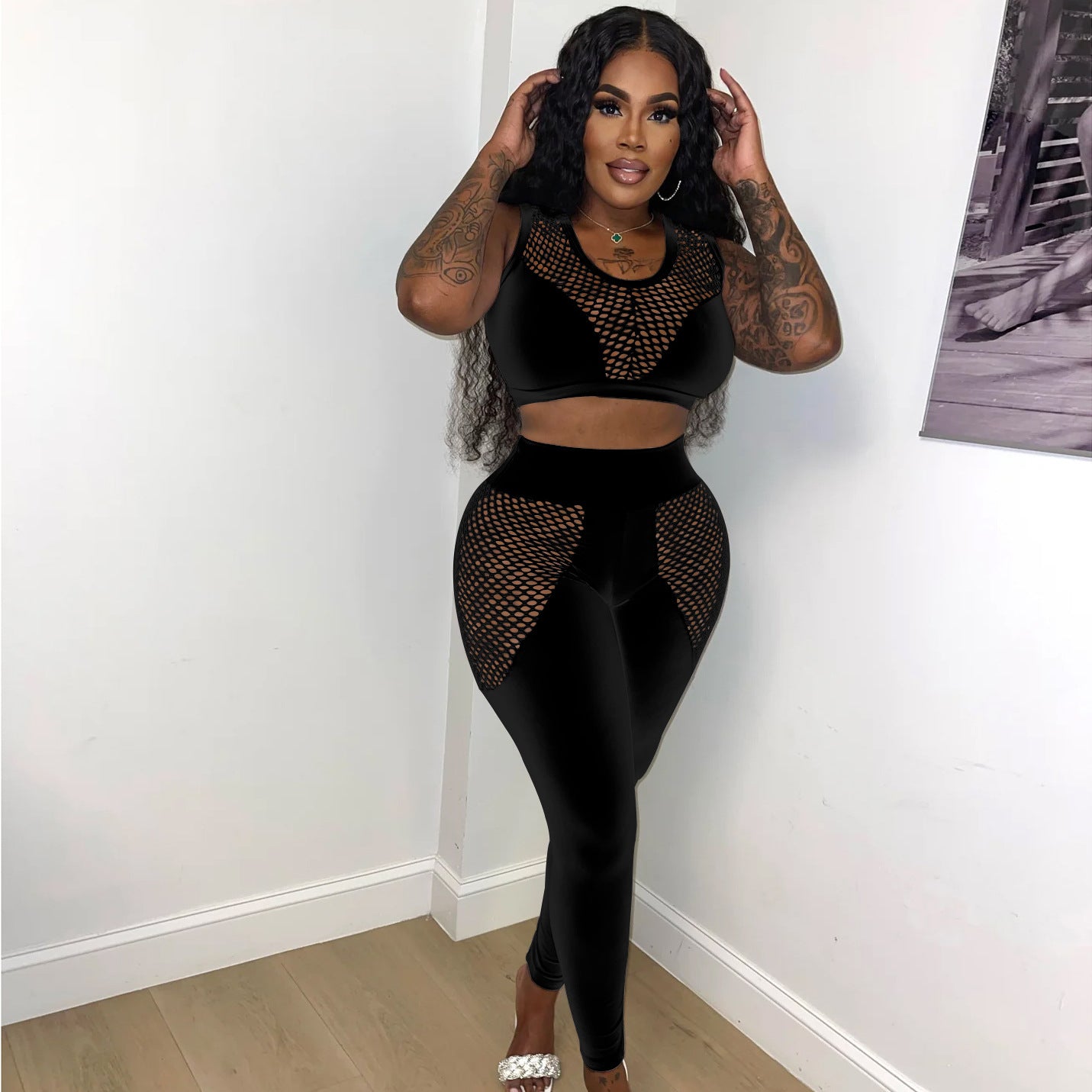 Hollow Mesh Hole See-Through Sexy Suit Mesh Patchwork Vest Trousers Two-piece Set 8