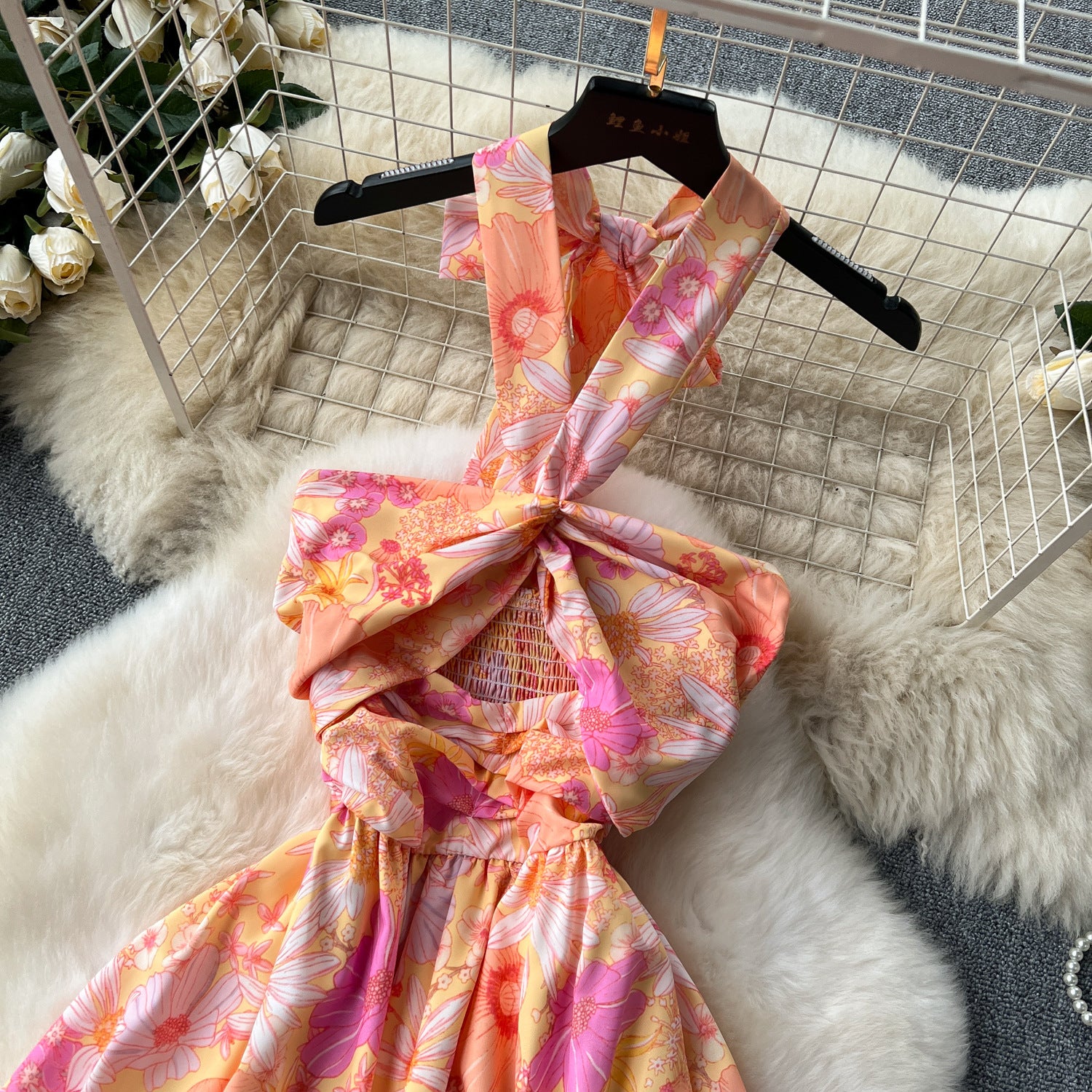 Sexy Cut-Out Halter Neck Strap Dress Women's Slim Waist Chic Holiday Floral Dress 5