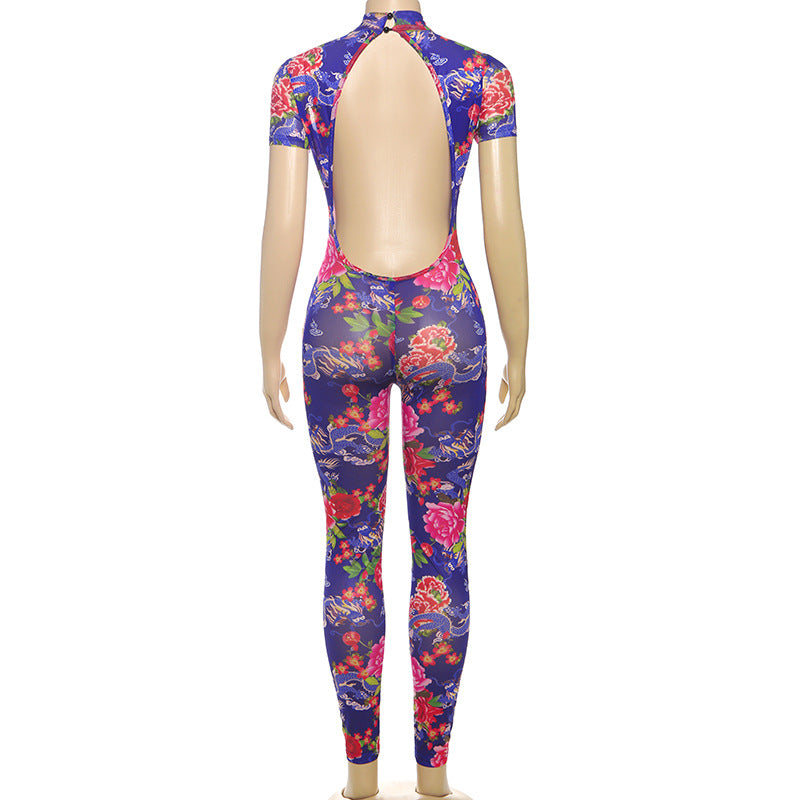 Women summer Women sexy Backless print See-Through Mesh Jumpsuit 11