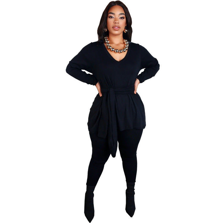 Women Fall and Winter Lace-up Top Long Pants Casual two-piece set 9