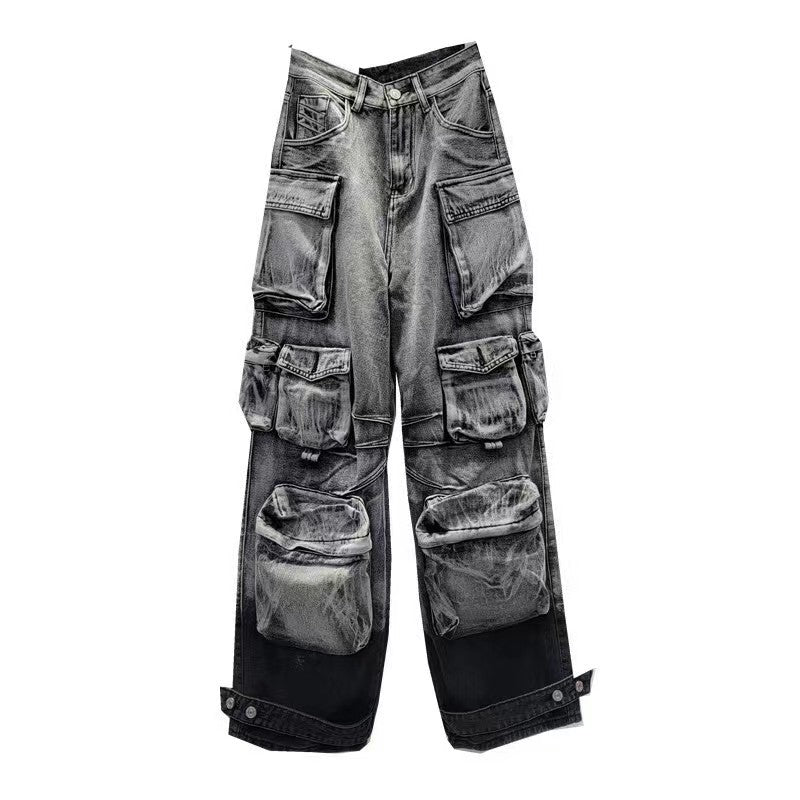Spring Street-Style Pocket Washed Gradient Cargo Pants Casual Jeans 9