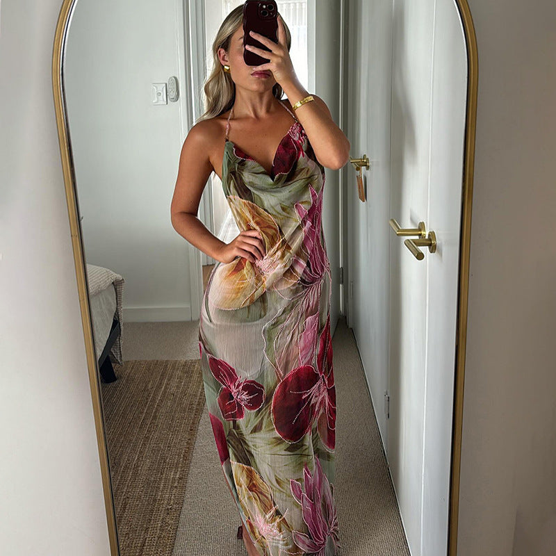 Women sexy Backless lace Halter Neck French slit dress 3