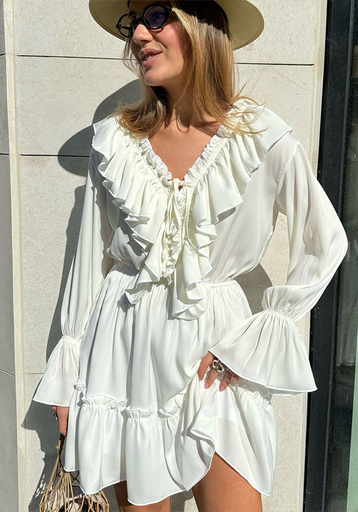 Women's Autumn Bell Bottom Sleeve V-neck Short Chiffon Dress