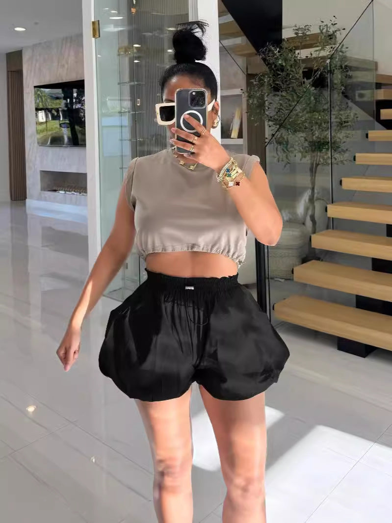 Women Solid Puffy Puff Shorts 5