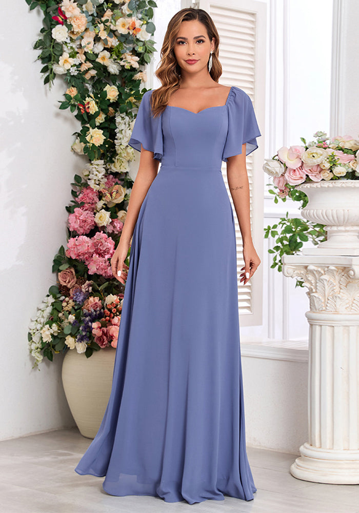 Chiffon Short Sleeve A-Line Dress Low-Back Elegant Evening Gown