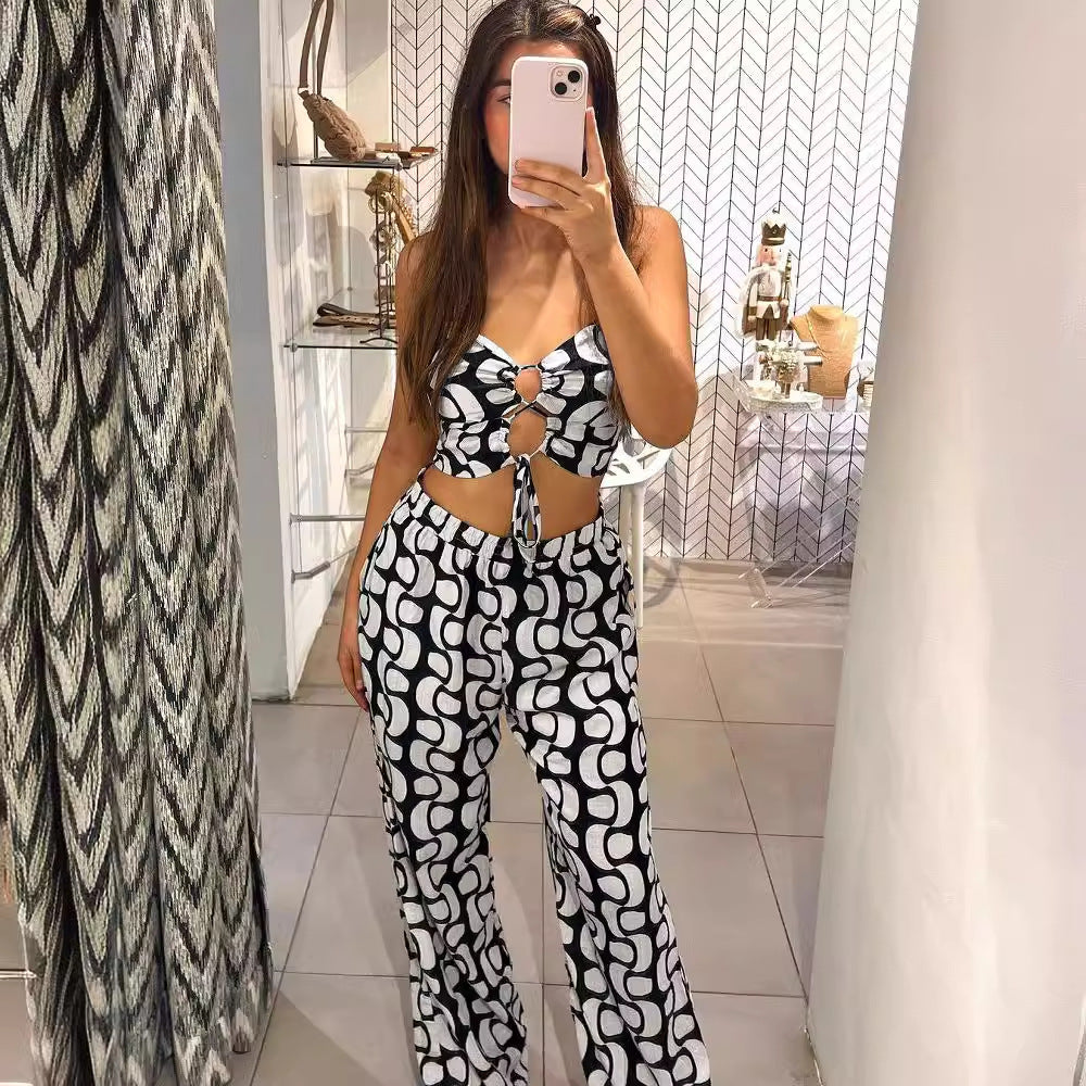 Women print lace-up hollow sling top and wide-leg pants two-piece set 4
