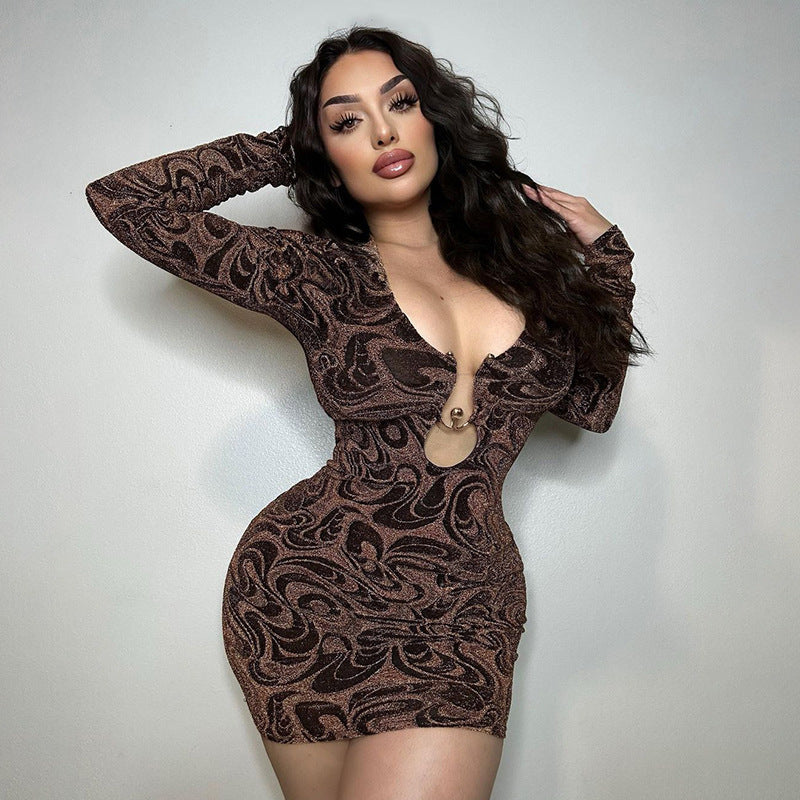 Sexy Deep V Neck Print Hollow Long Sleeve Women Slim Short Dress 3