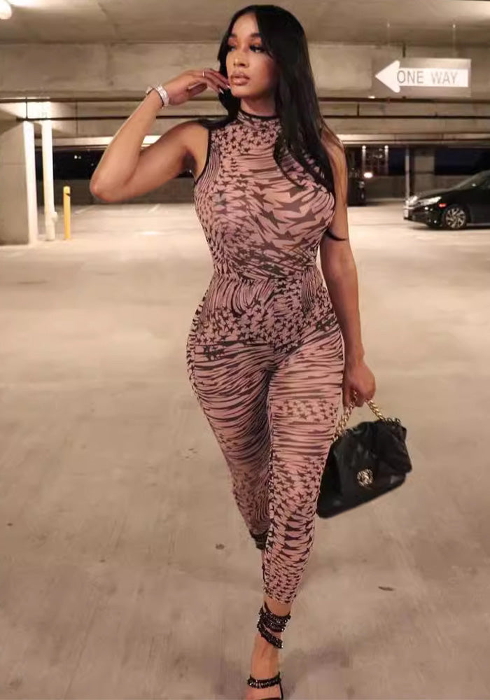 Women's clothing sexy mesh star print slim sleeveless low back jumpsuit